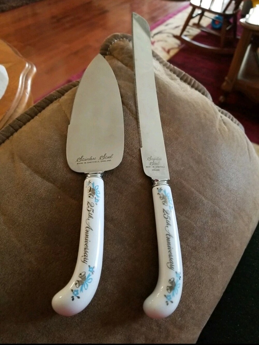 25th Anniversary White and Blue Cake Knife and Server Set - Stainless Steel